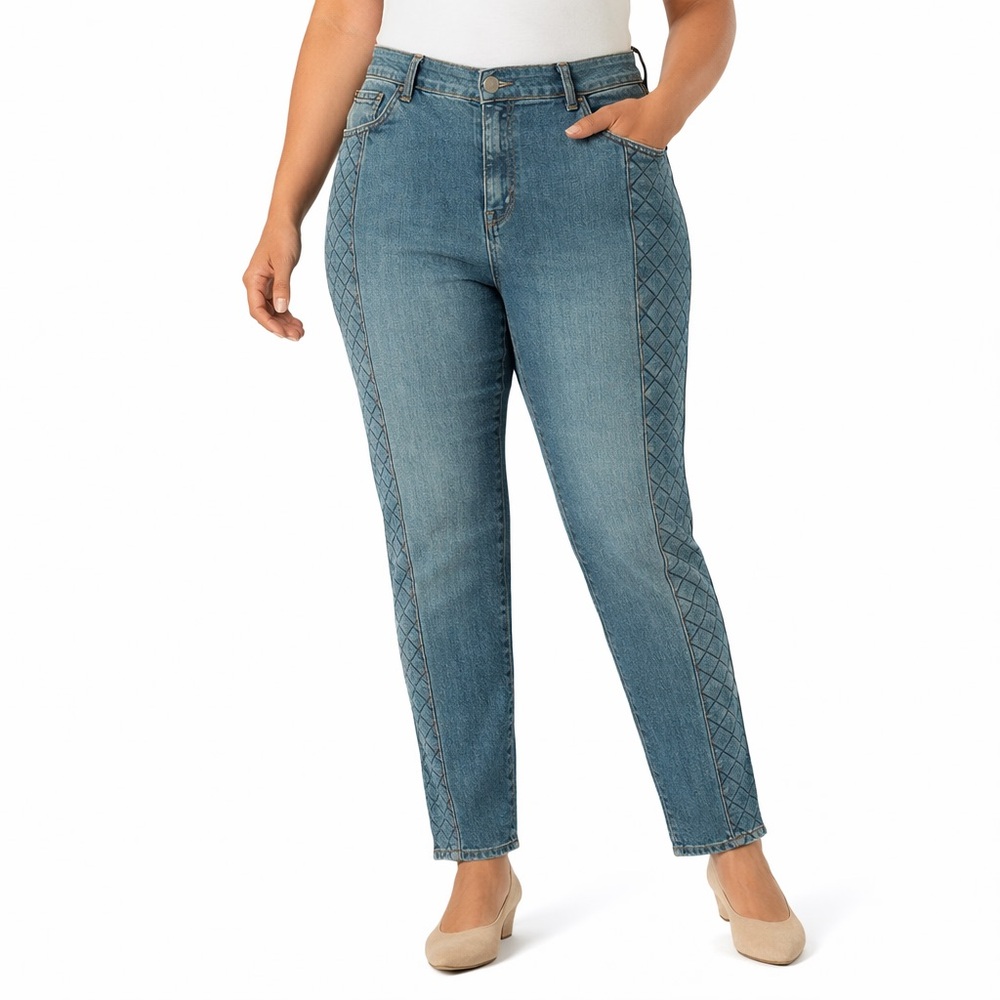 Collection L Quilted Panel Jeans Size 18 Blue Denim Moto Style Stretch Edgy